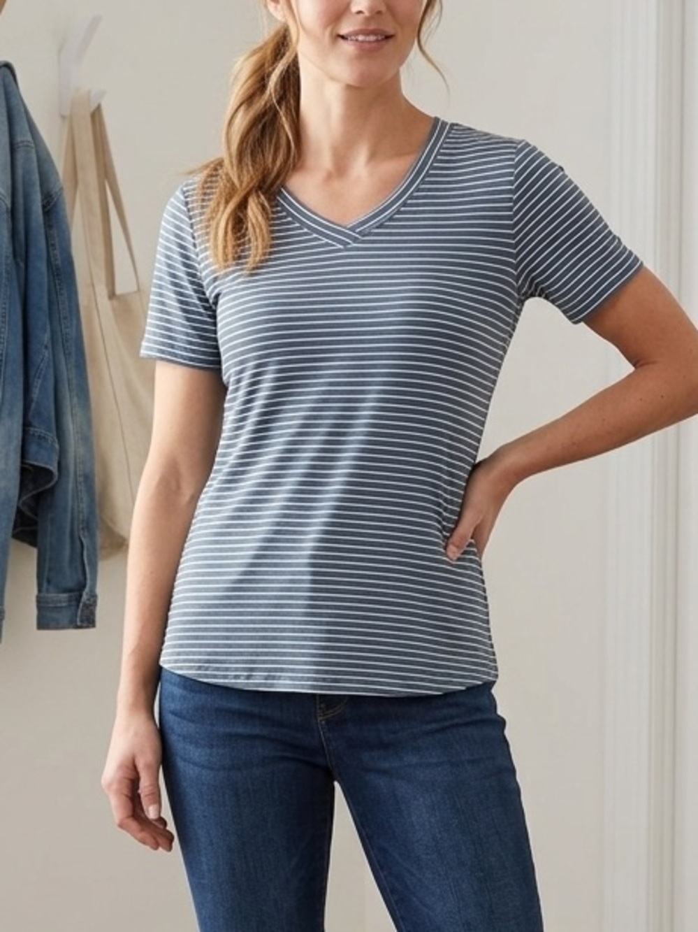 Women's Short-Sleeve V-Neck Stripe Tee in Blue and White